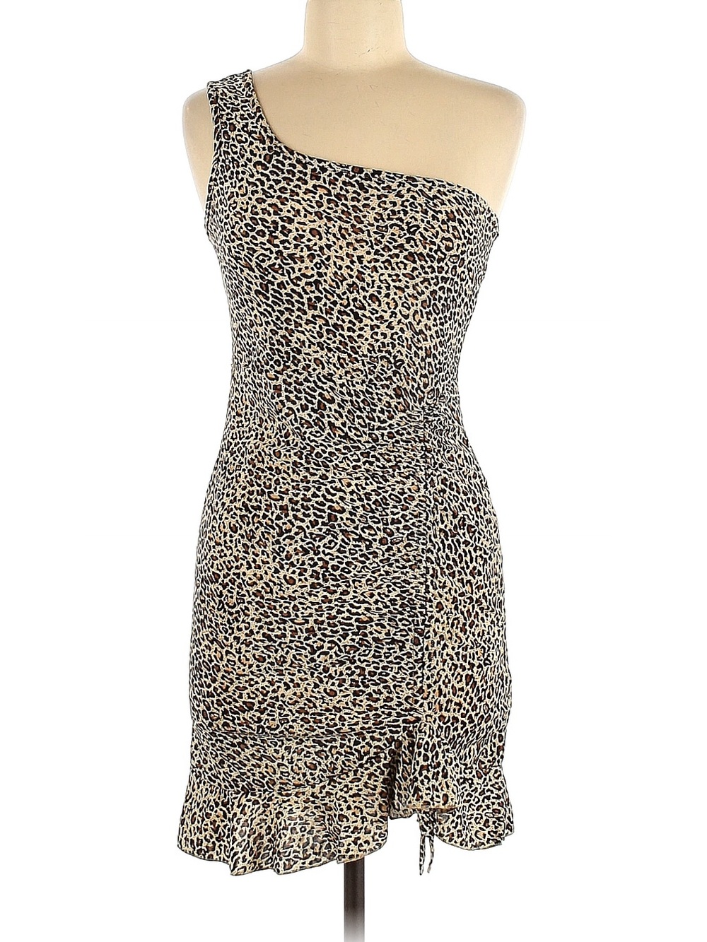SHEIN Leopard One Shoulder Ruched Ruffle Hem Bodycon Mini Dress Size M